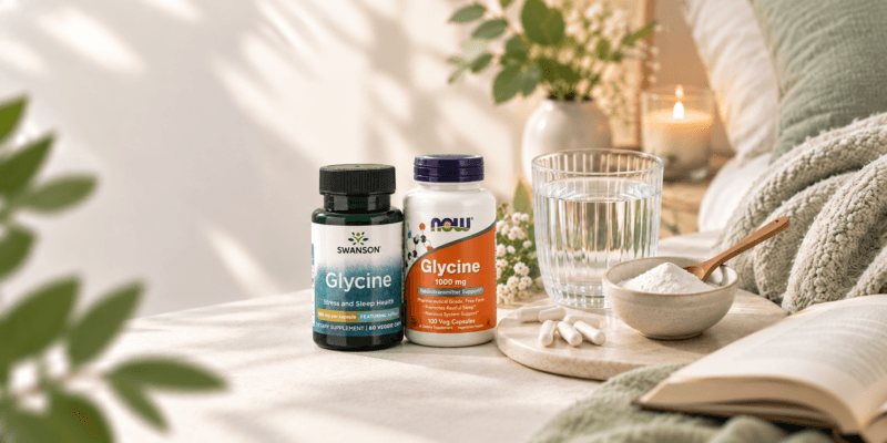 Twee plastic potjes glycine van NOW en Swanson, glycinepoeder en een glas water.