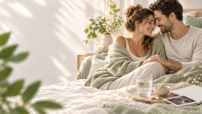Stel omhelst elkaar in bed bij natuurlijk licht